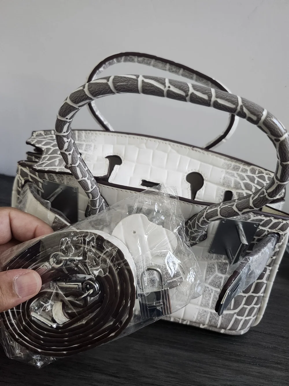 Structured Mini Top-Handle Satchel Bag Gray White Faux Leather Handbag
